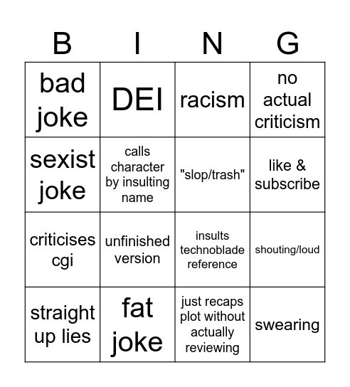 Critical Drinker Bingo Card