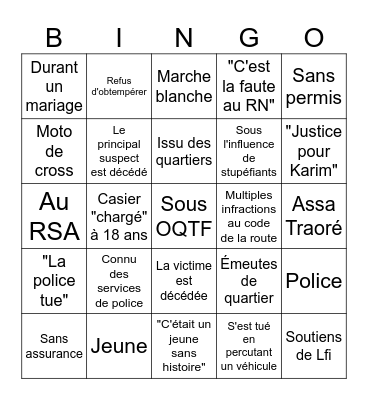 Justice pour -insérer prénom- Bingo card Bingo Card