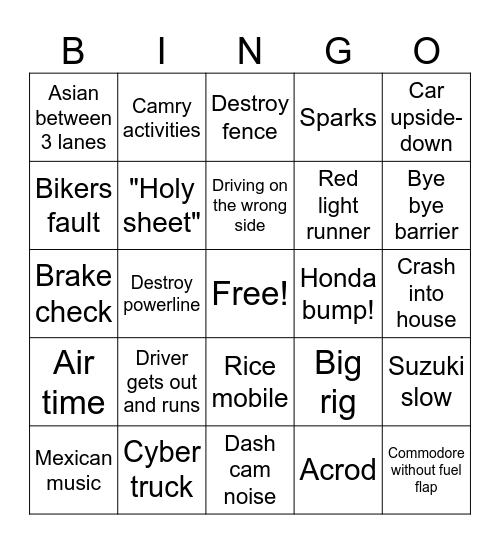 Car crash bingo Card