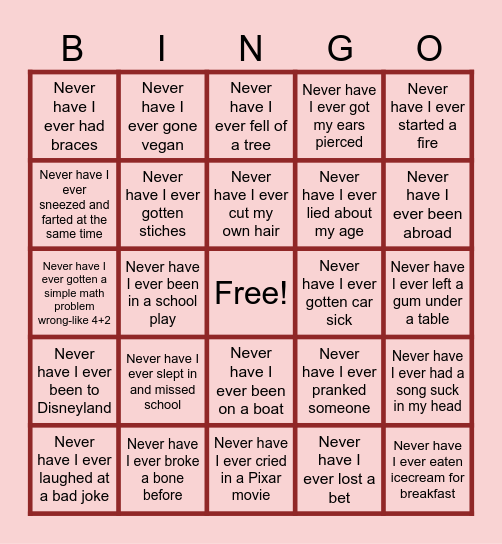 Never Have I Ever Bingo Card
