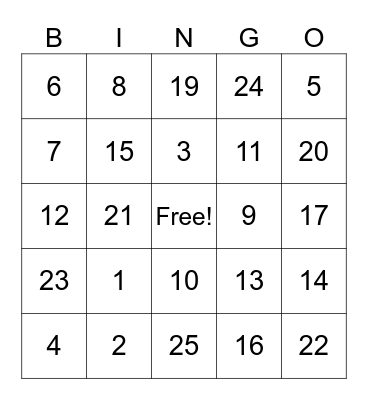 ASL Numbers Bingo Card