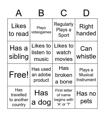 Hobbies Bingo Card