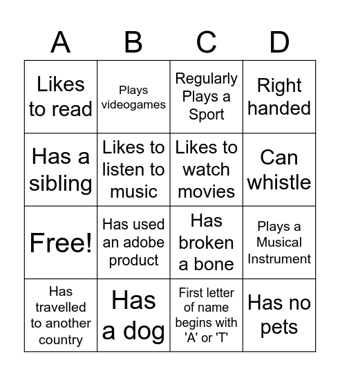 Hobbies Bingo Card