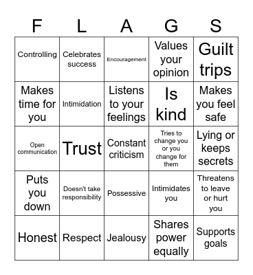 Relationship Red and Green Flags Bingo Card