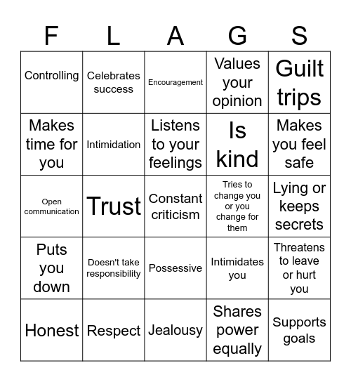 Relationship Red and Green Flags Bingo Card