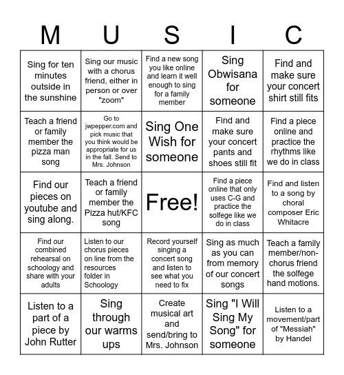 Chorus Spring 2025 Bingo Card