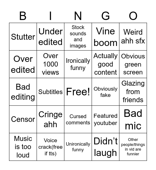 YouTube friends Bingo Card