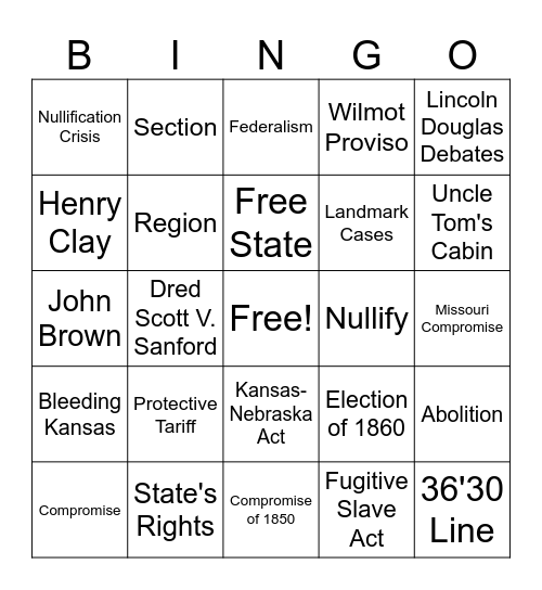 Sectionalism Bingo Card