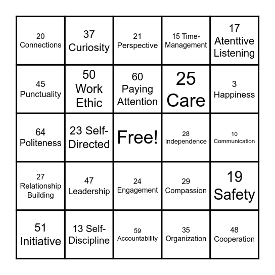 BINGO SKILLS Bingo Card