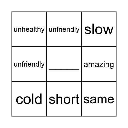 Adjectives Bingo Card