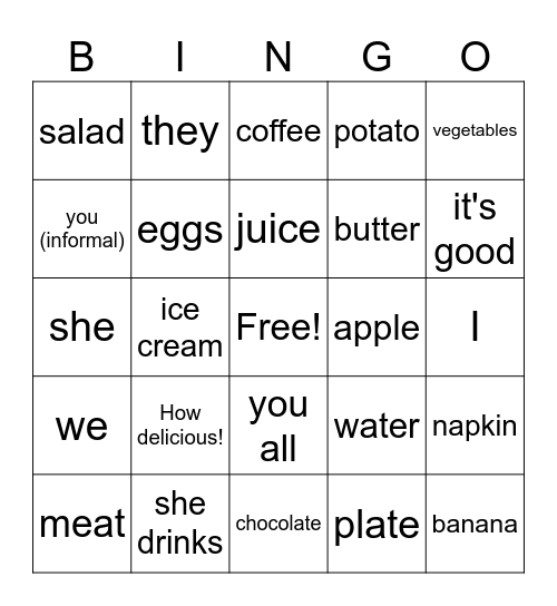 La comida Bingo Card