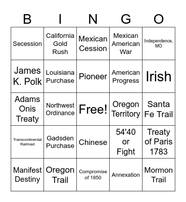 Westward Expansion Bingo Card
