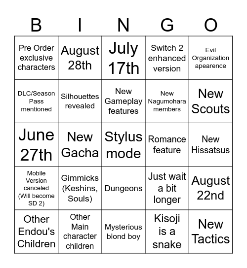 Inazuma Showcase Bingo Card