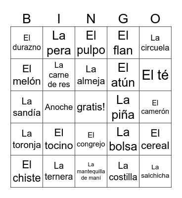 Español 2 Unidad 5 Lec. A Bingo Card