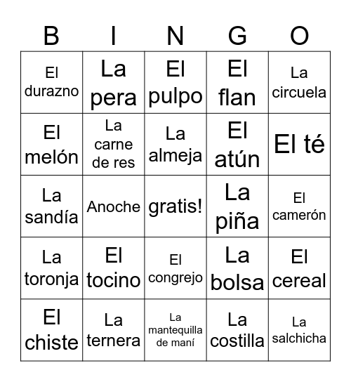 Español 2 Unidad 5 Lec. A Bingo Card