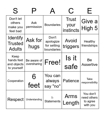 Personal Space Bingo Card
