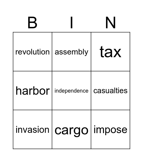 American Revolution Bingo Card