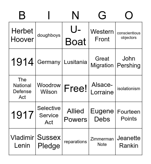 Chapter 19: WWI Bingo Card