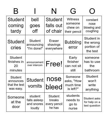 State Testing Bingo Card