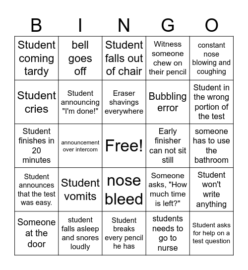 State Testing Bingo Card
