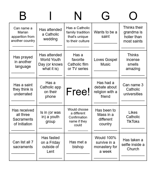 "Universal Church" Human Bingo Card