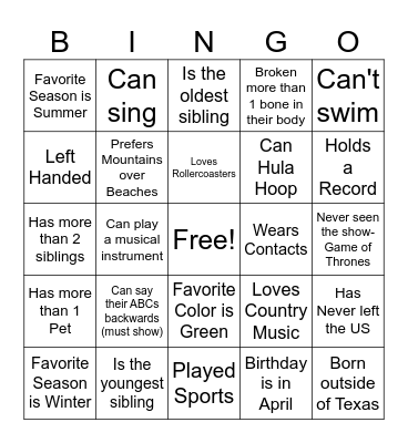 Get to Know You Bingo Card