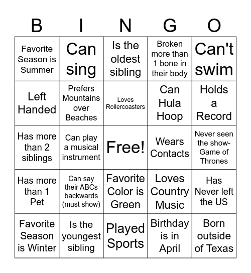 Get to Know You Bingo Card
