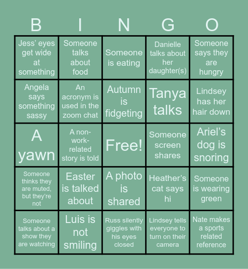 Team Lindsey Bingo Card