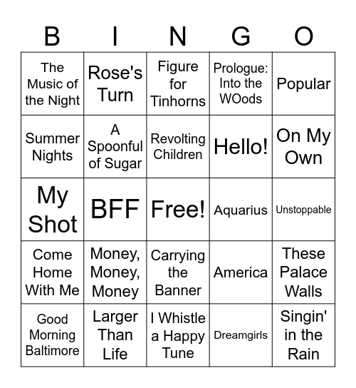 Broadway Bingo #1 Bingo Card