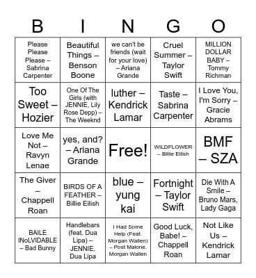 Top Songs of 2024 Bingo Card