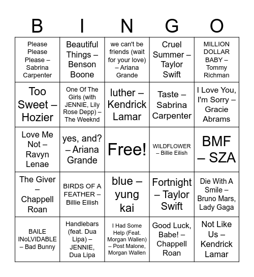 Top Songs of 2024 Bingo Card