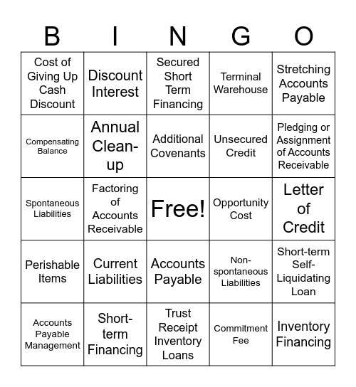 Working Capital Management – Current Liabilities Bingo Card