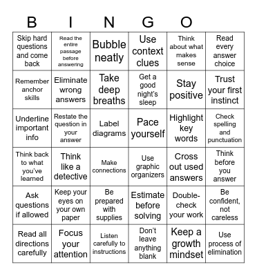 Test Taking Strategies Bingo Card