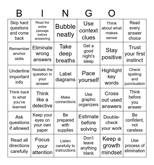 Test Taking Strategies Bingo Card