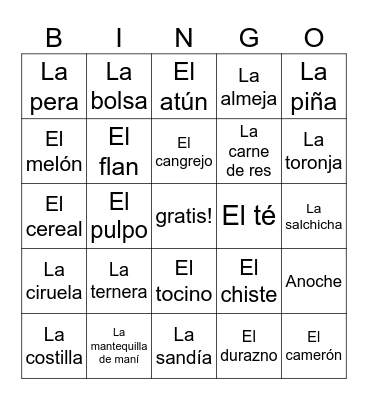 Español 2 Unidad 5 Lección A Bingo Card