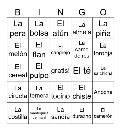 Español 2 Unidad 5 Lección A Bingo Card