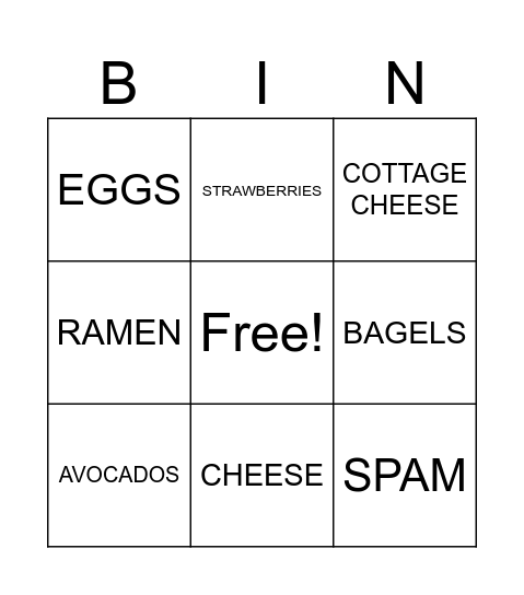 Favorite Store Items Bingo Card