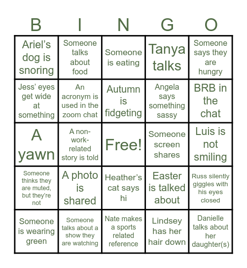 Team Lindsey Bingo Card