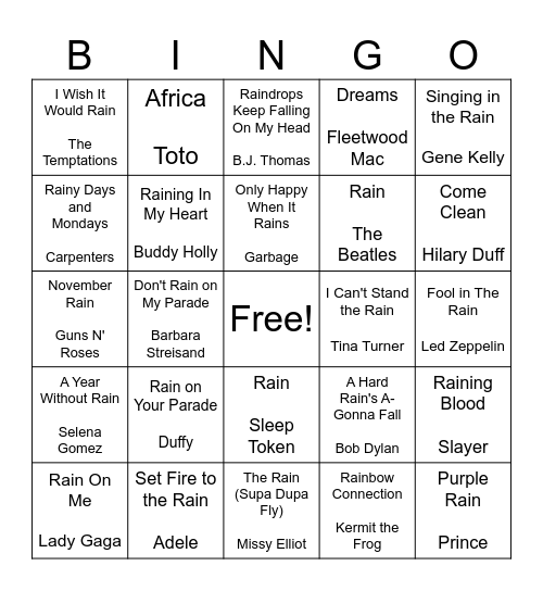 It's Raining! Bingo Card