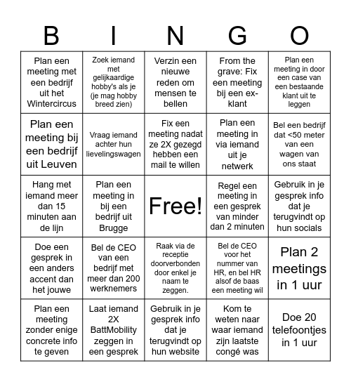 Cold call Bingo Card