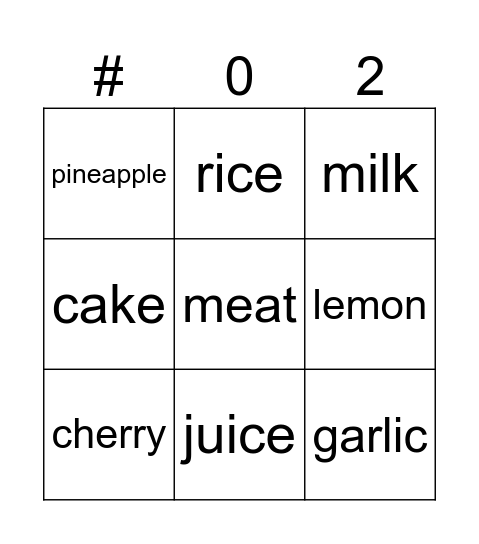 Food Bingo Card