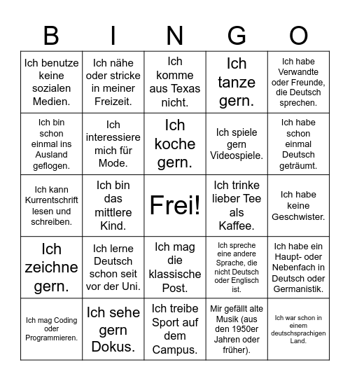 Deutschclub Hobbys und Lebenstile Bingo Card