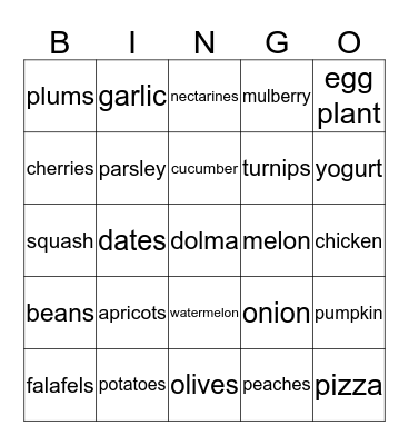 Food Bingo 1 Bingo Card