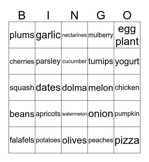 Food Bingo 1 Bingo Card