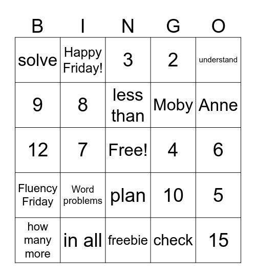 Word Problem Review Bingo Card