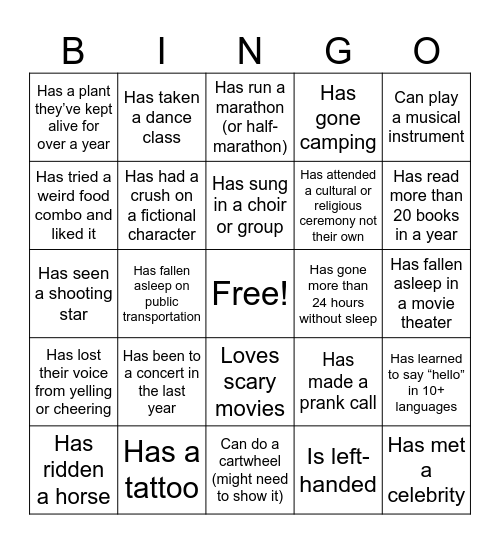 Experience Bingo Card