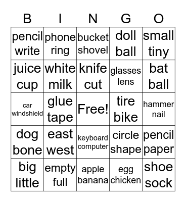 Word Relationships Bingo Card