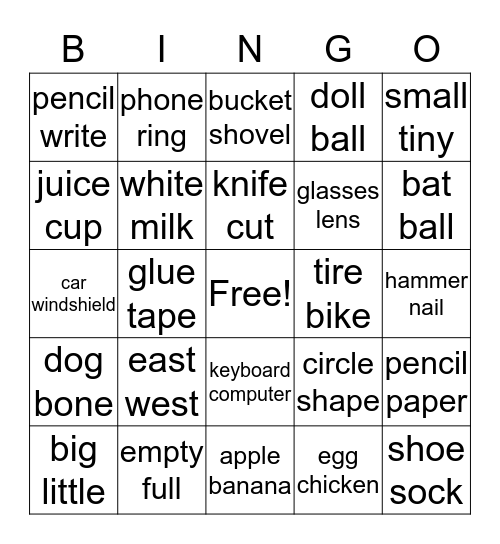 Word Relationships Bingo Card