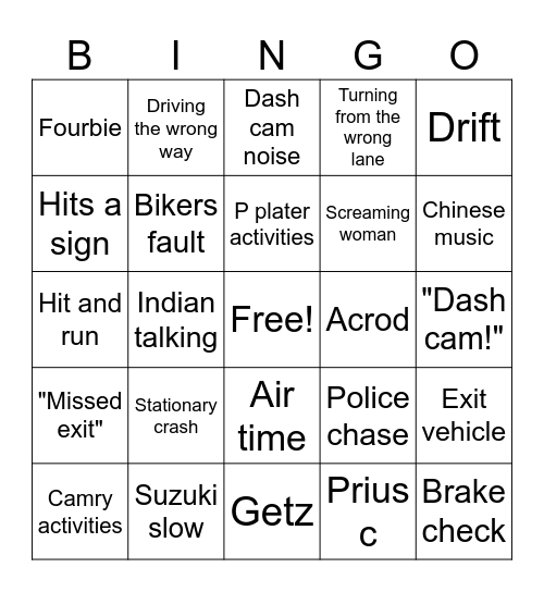 Car crash bingo 2 Bingo Card