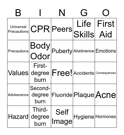Teen Years/Personal Health/Safety Bingo Card